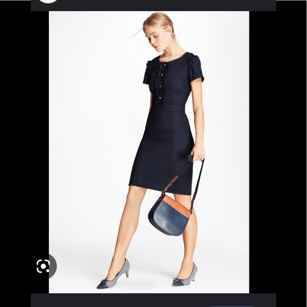 Brooks Brothers Ruffle Trimmed Stretch Wool Sheath Dress. Navy w/brass buttons.